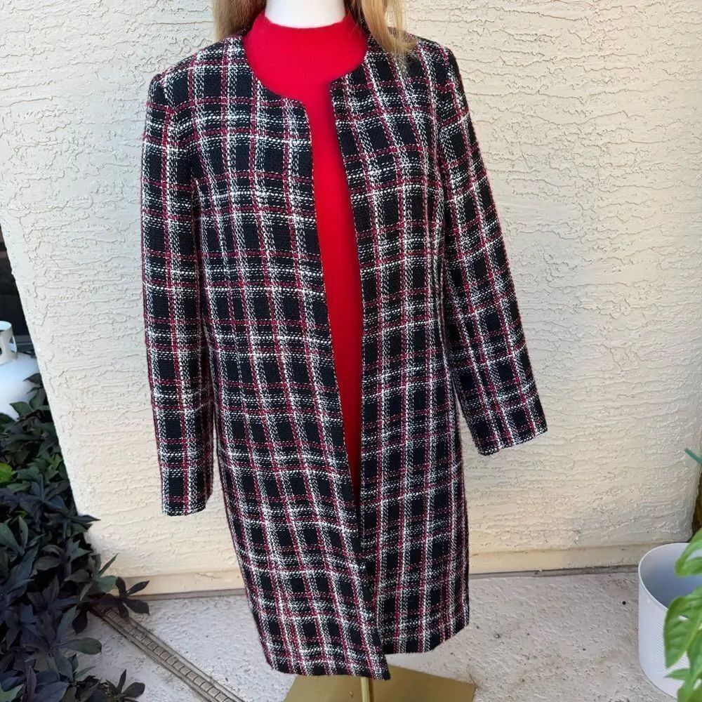 Calvin Klein Plaid Tweed Long Jacket Coat Black Red White Size 12 EUC Lined